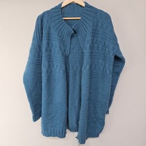 Handmade Vintage Teal Blue Chunky Knit Open Front Cardigan Sweater Women Large